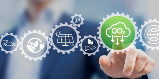 reduce carbon footprint man interacts with CO2 reduction button