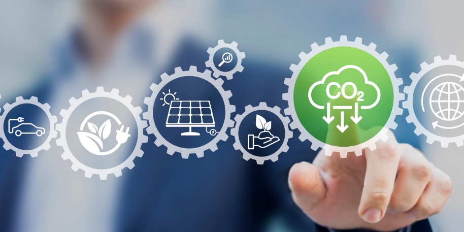 reduce carbon footprint man interacts with CO2 reduction button