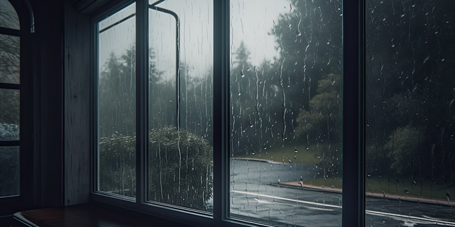 looking out of house windows in the rain