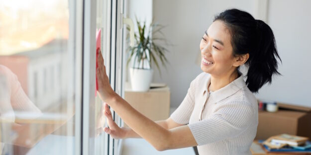 woman cleaning tinted windows